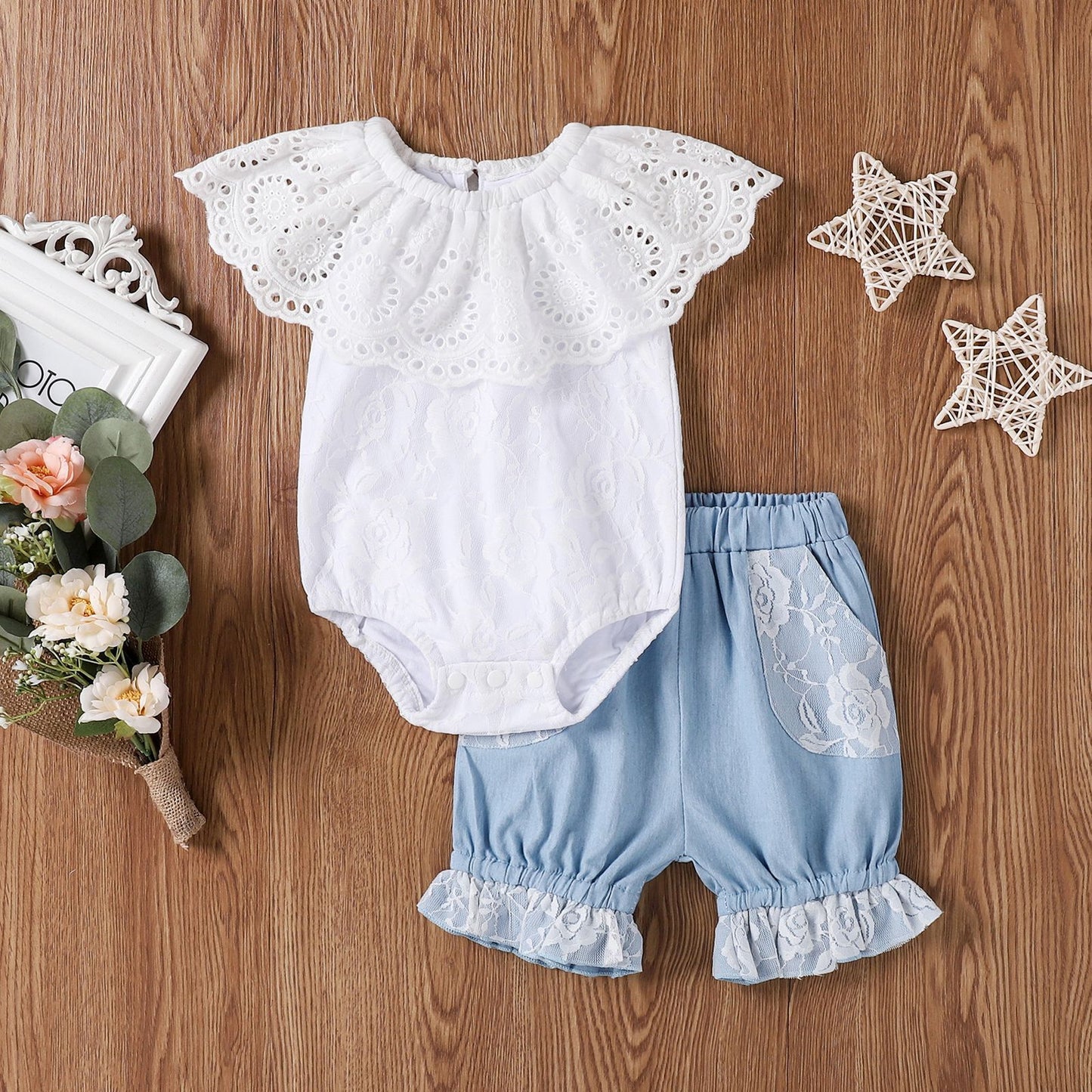 Girl Infant Lace Collar Dress Denim Shorts