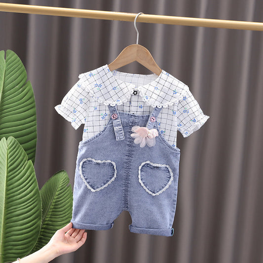 Toddler Cotton Short Sleeve shirt,  Bib Clothes Two Piece Set